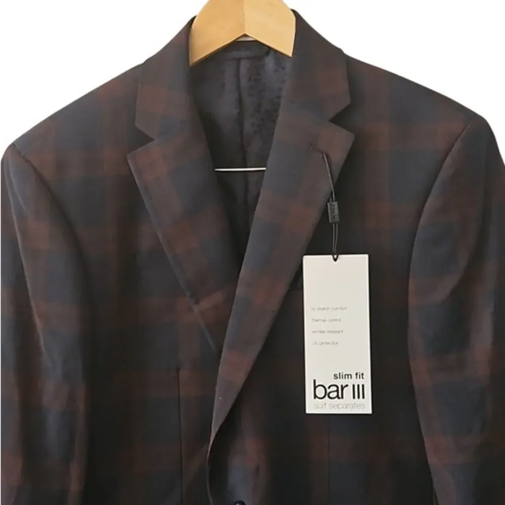 Bar III Mens Slim Fit Plaid Active Blazer Burgundy Navy 38S NWT